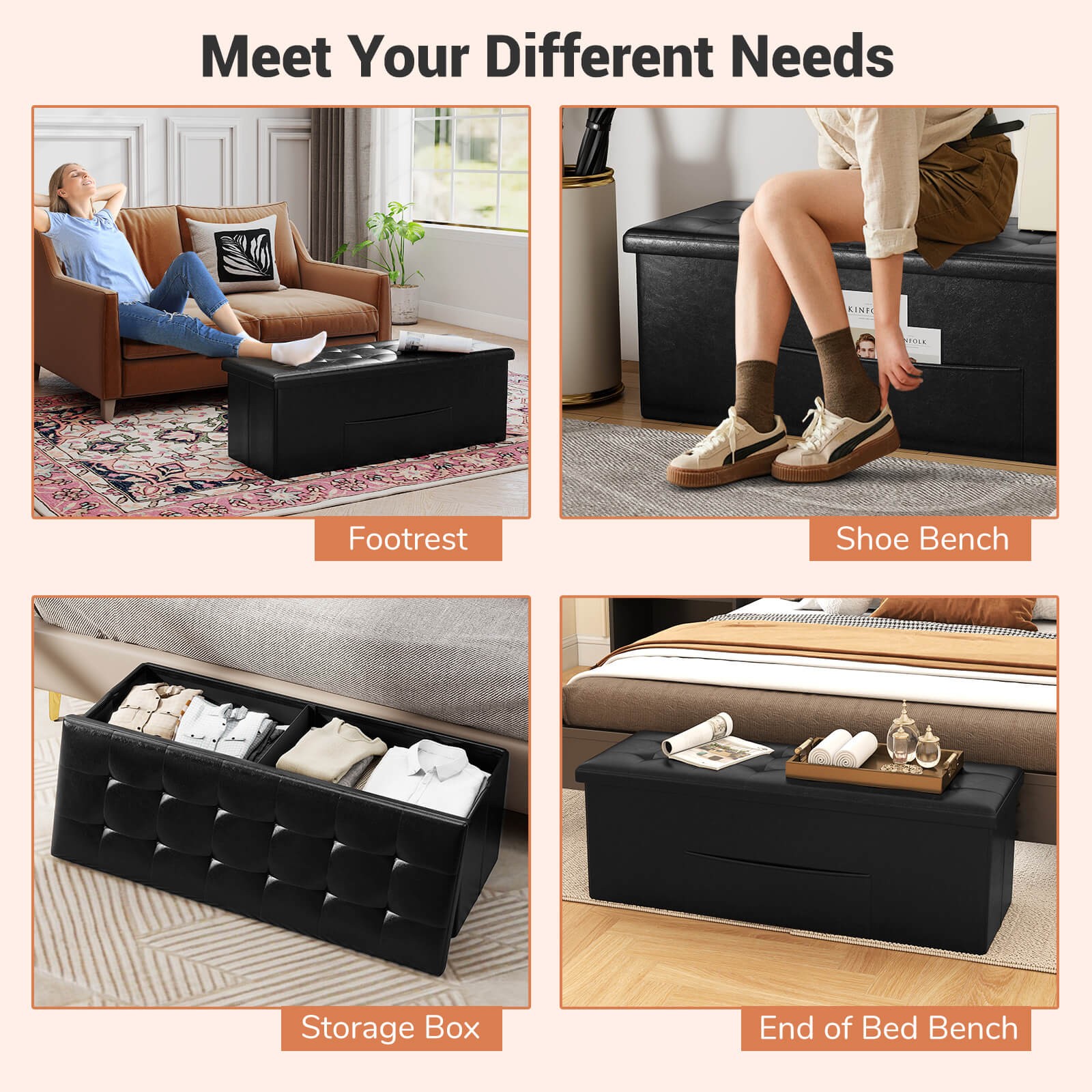 43" Folding Storage Ottoman Bench Foot Rest Stool with Side Pocket