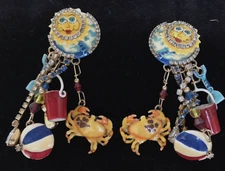 LUNCH AT THE RITZ 1995 Beverly Hills Sun Beach Ball Enamel Crystal Clip Earrings