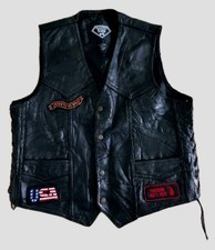 Buffalo Leather Mens Diamond Plate Black Motorcycle Vest With Patches Sz L