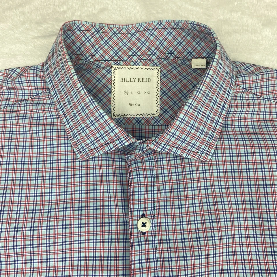 Camisa de vestir Billy Reid para hombre mediana azul/rojo a cuadros corte ajustado mangas largas Foto 3 de 4