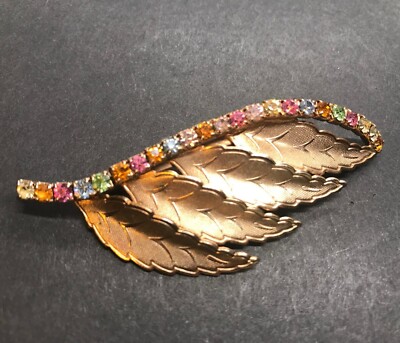 Vintage Prong Set Rainbow Pastel Rhinestone Wing Brooch Pin Feathers Gold Nice!