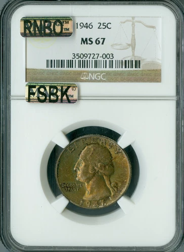 1946 WASHINGTON QUARTER NGC MS67 MAC FSBK & RNBO RAINBOW TONING .