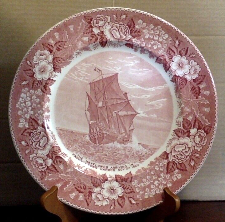 Staffordshire Pink Dinner Plate The Mayflower Pilgrim Thanksgiving England