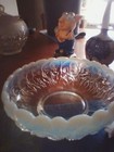 Water Lily White Opalescent by Tiara 9" centerpiece Bowl Floral clear on bottom