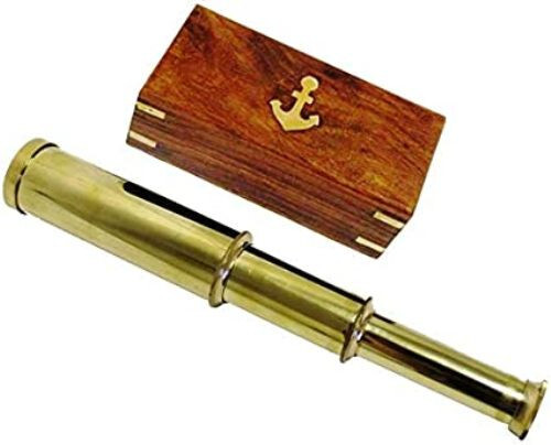 9" Handheld Brass Telescope Nautical Pirate Spy Glass with Anchor Wood Box Gift