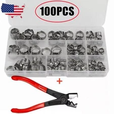 100PCS Single Ear Stepless Hose Clamps 304 Stainless Steel Ear Hose Clamps Plier