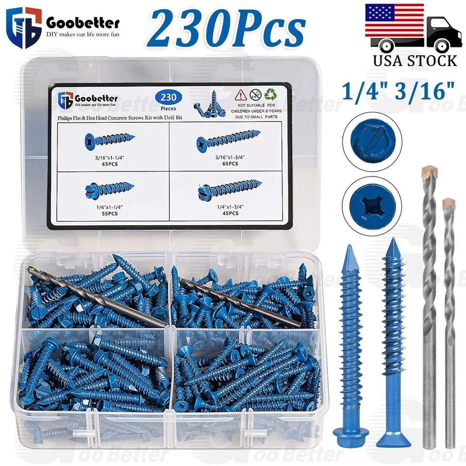 GOOBETTER 230Pcs Hex Washer Head 1/4" 3/16" Concrete Masonry Screws Set Tapcon Anchor Bit