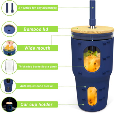 TRONCO 32 OZ GLASS TUMBLER CUP W/ STRAW & LID FOR ICED COFFEE SMOOTHIES BLUE