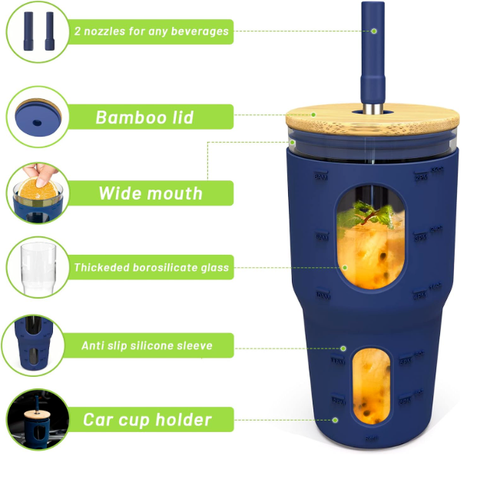 TRONCO 32 OZ GLASS TUMBLER CUP W/ STRAW & LID FOR ICED COFFEE SMOOTHIES BLUE
