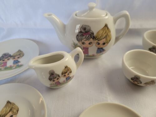 14 PIECE Vintage Japan Porcelain Child’s Tea Set Boy Girl Pick Flowers Black Bun - Picture 4 of 9