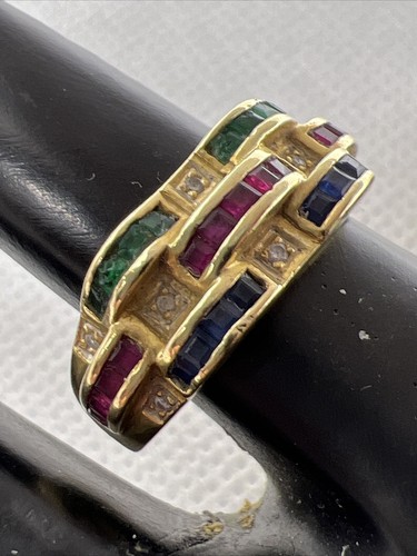 ELEGANTE Anello Donna Oro Giallo Solido 14K Pietre Preziose & Diamanti 4,1gr. - Foto 7 di 12