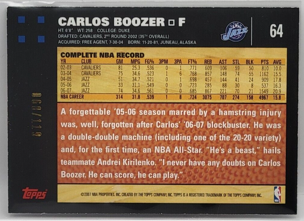 07-08 Topps Carlos Boozer 1st Edition Parallel Card #60/119 (Utah