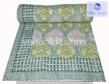Indian Handmade Floral Kantha Quilt Reversible Bedspread Queen Cotton Coverlet