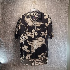 Jams World Men  s Rayon Hawaiian Shirt Floral Print Black White Medium Pocket