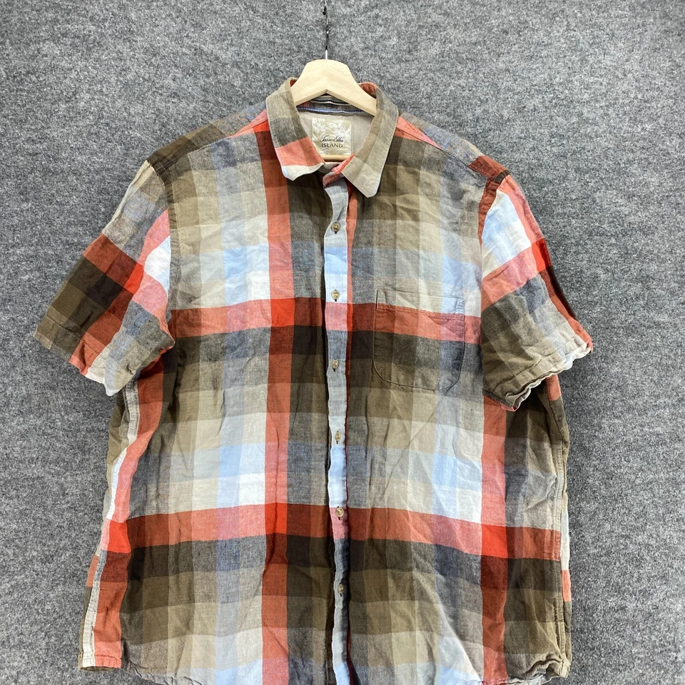 Tasso Elba Shirt Men 2XL Brown Plaid Button Up Collared Linen Short Sleeve - Image 3 of 4