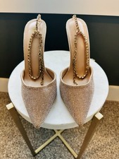Gold Rhinestone Crystal Strappy Stiletto Ankle Strap Pointed Toe Women's Heels