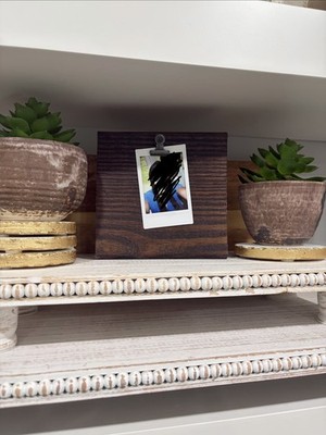 Rustic Wood Photo Display Block w/ Metal Clip, Square Brown/Silver Freestanding