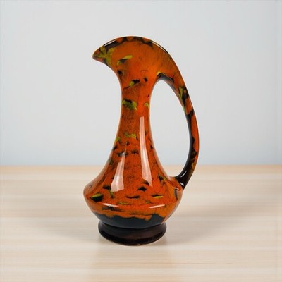 Vintage MCM Art Pottery Pitcher Orange Fat Lava Drip Glaze Studio 9.75 