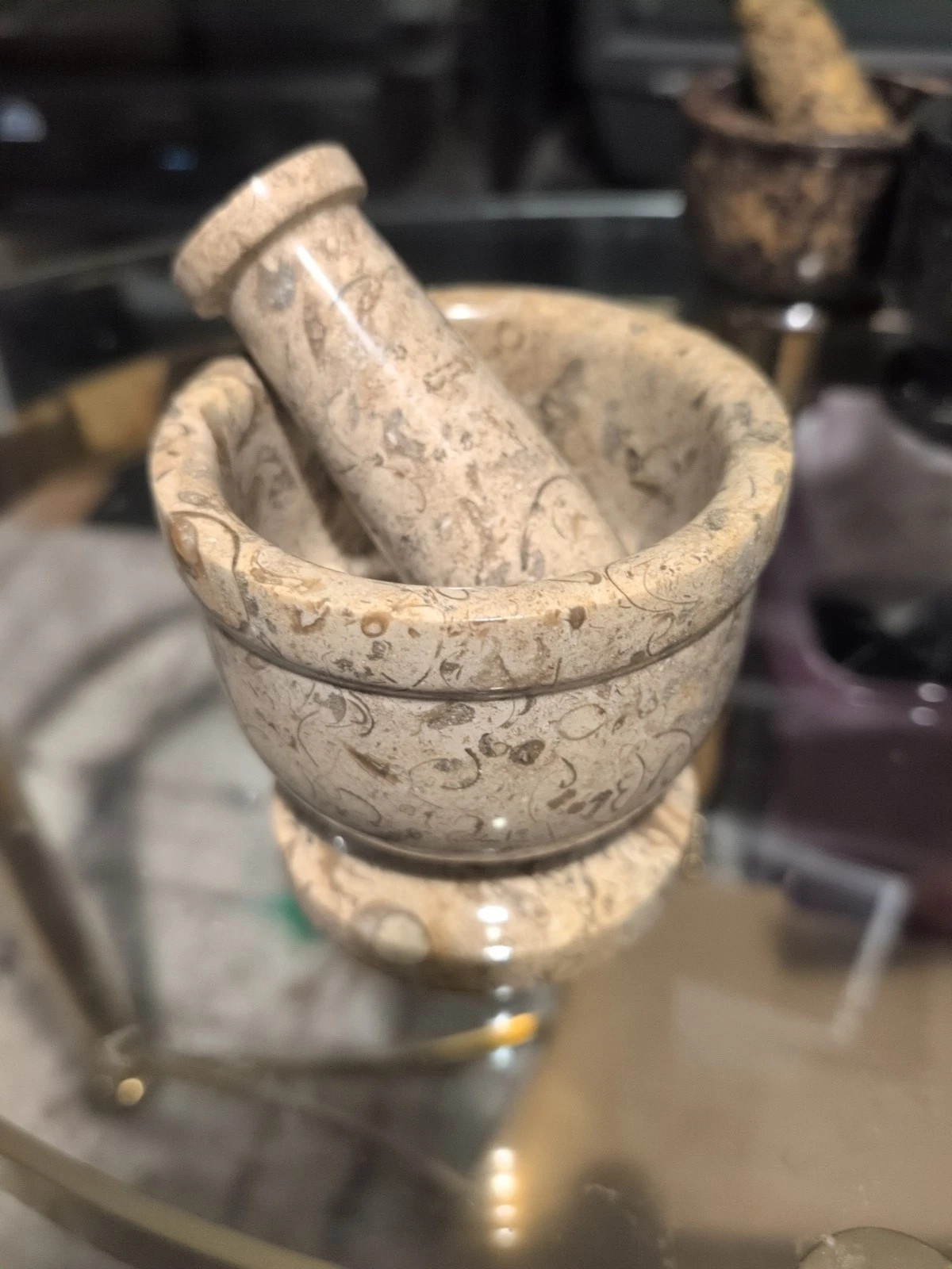 Tan With Brown And Gray Marble Swirl Mortar and Pestal 4" Tall 3" Wide