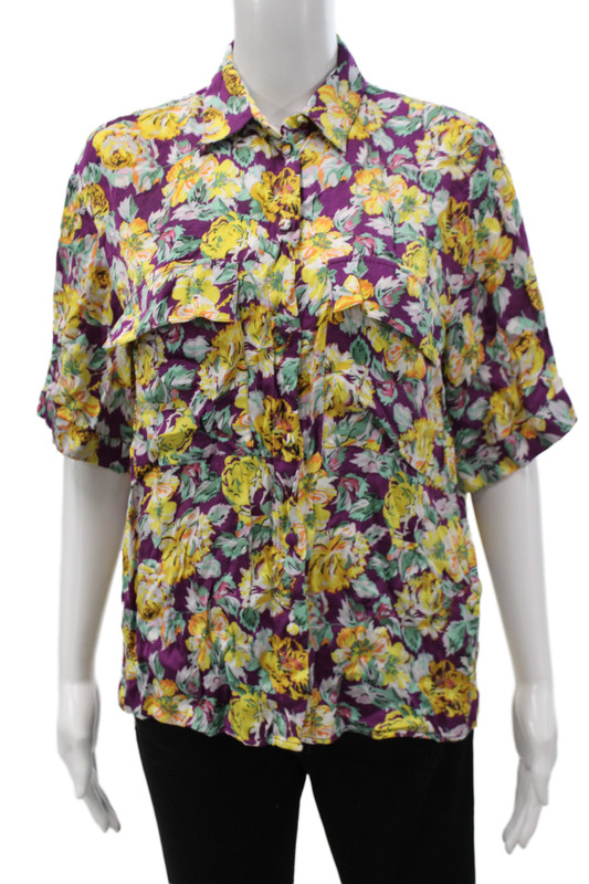 Zara Women Purple Floral Collared Button Up Viscose Blouse Short Sleeve Size XS