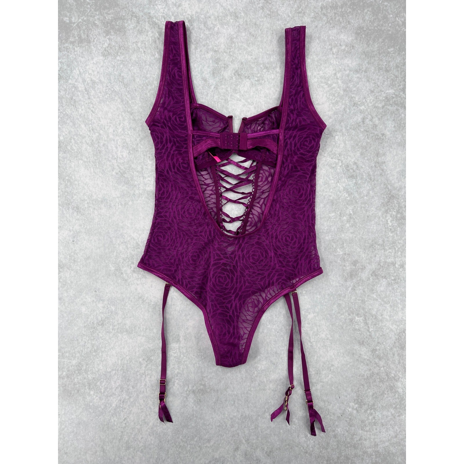 Seven 'til Midnight Purple Lace Up Floral Rose Mesh Garter Teddy Bodysuit Large image 9