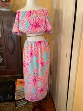 NWT Lilly Pulitzer Esmeray Top Skirt Set Surf Blue Bonita Blooms- Size M