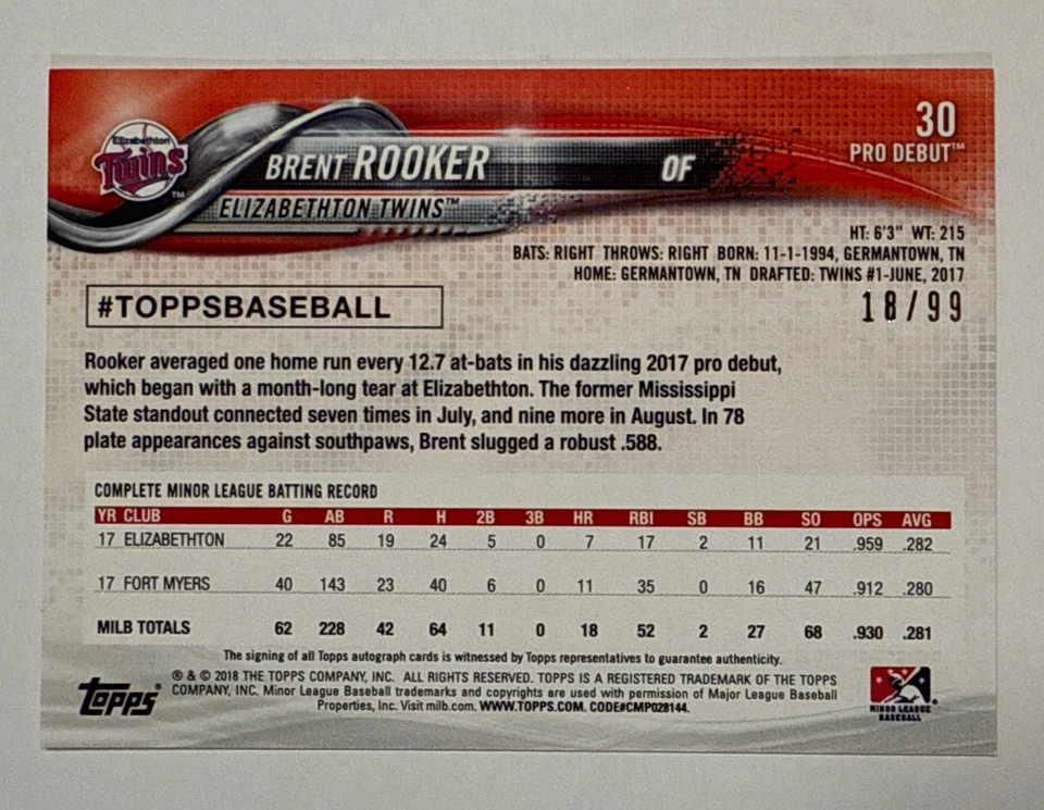 Brent Rooker 2018 Topps Pro Debut Green Rookie Auto #d 18/99 #30 A’s Rc - Image 2 of 2