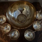 1950s Jeanette Glass Marigold Carnival Glass Egg Nog Punch Bowl 6Cup Set Vintage