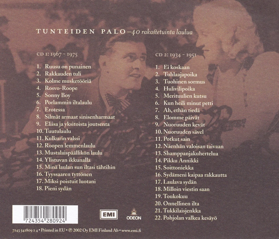 TAUNO PALO  - 2 CD - TUNTEIDEN PALO - 40 rakastetuinta laulua - Bild 2 von 2