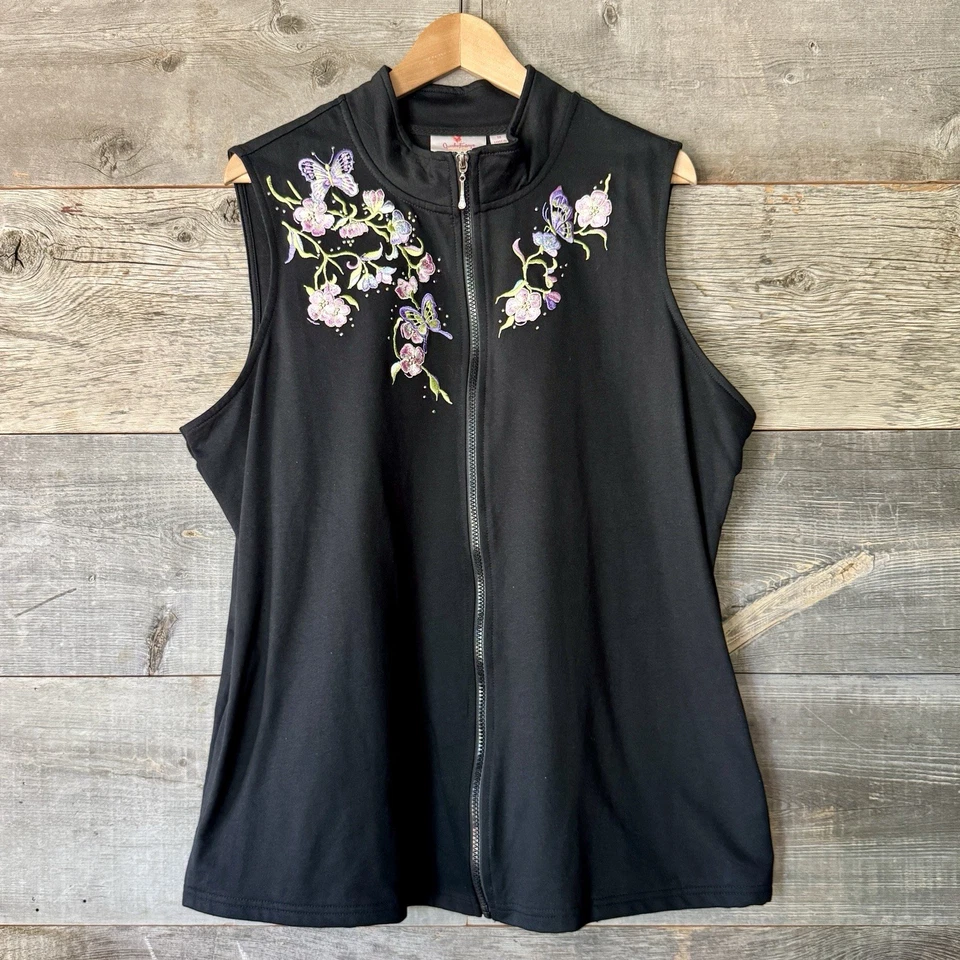 NWOT Quacker Factory Embroidered Black Zip Vest White Tshirt Coord Set 1X Floral - Image 3 of 4