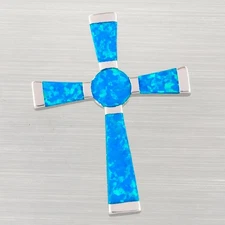 Simple Latin Cross Ocean Blue Fire Opal Silver Jewelry Necklace Pendant