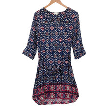 Beach Lunch Lounge Shift Dress Womens Medium Multi Geo Print V Neck Drawstring
