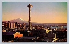 Postcard Washington Seattle Space Needle Mt Rainier Dawn Chrome Unposted  G875