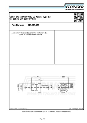 VDI40, Collet chuck 40x25, Type E3 for collets DIN 6388 Ortlieb, 223.005.150