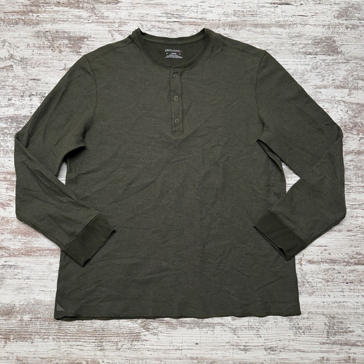 Untuckit Shirt Mens Large Green Henley Snap Button Long Sleeve