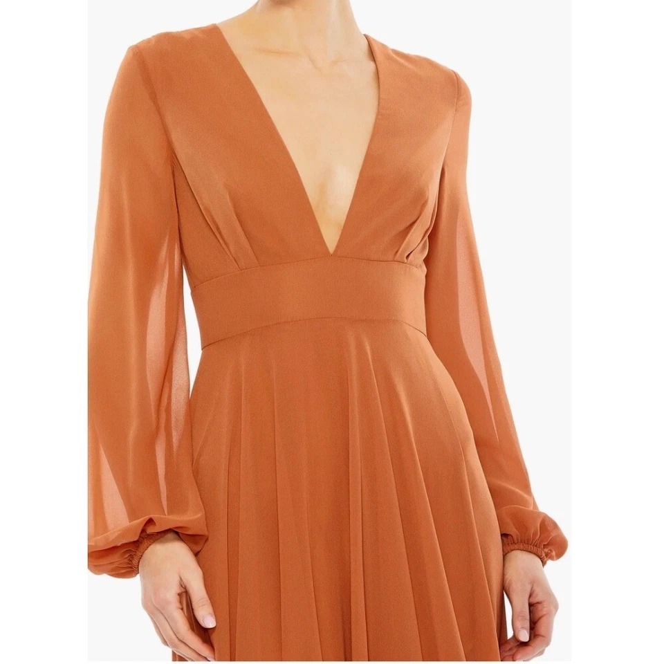 Ieena for Mac Duggal New Long Sleeve Chiffon Gown Terra Cotta Size 6 MSRP $398 - Image 2 of 4