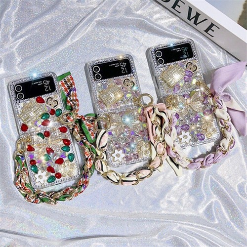 Custodia per Samsung Galaxy Z Flip 5 4 3 Bling glitter 3D cristallo diamante cinturino seta - Foto 1 di 9