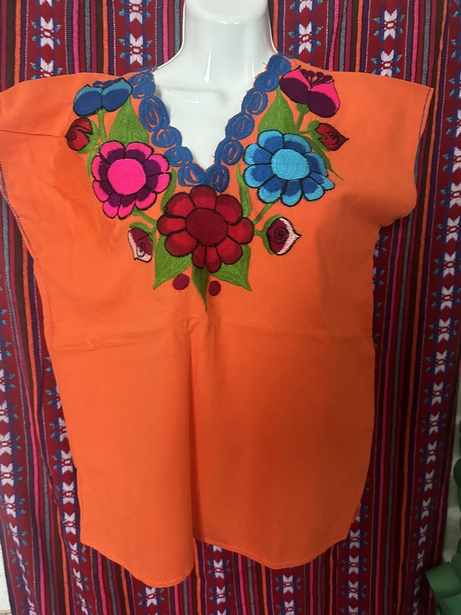 Maya Mexican Blouse Top Shirt Embroidered Flowers Huipil Size M | eBay