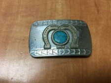 Vintage Chrome Belt Buckle w/ HORSESHOES AND TURQUOISE STONE 3" x 2" for 1.5"