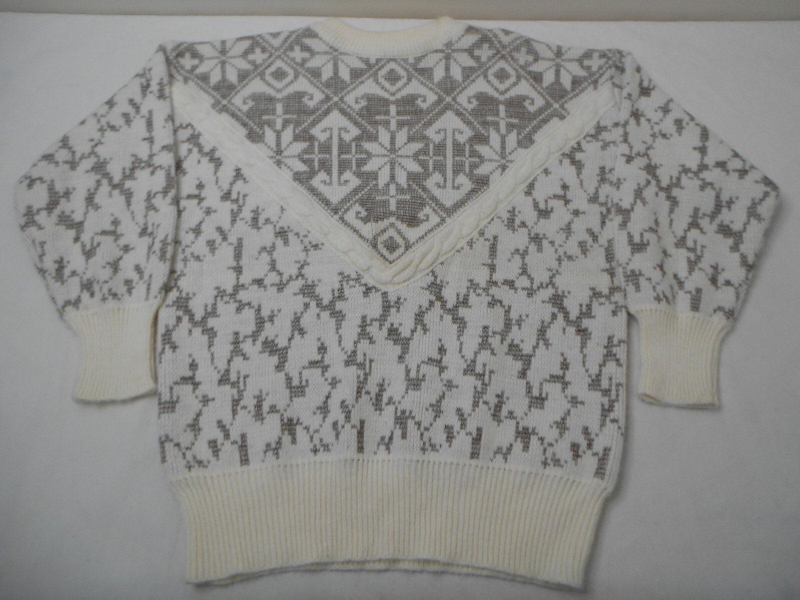 Vintage 80s Cable Knit Acrylic Sweater Chunky Snowflake Abstract Large Ivory