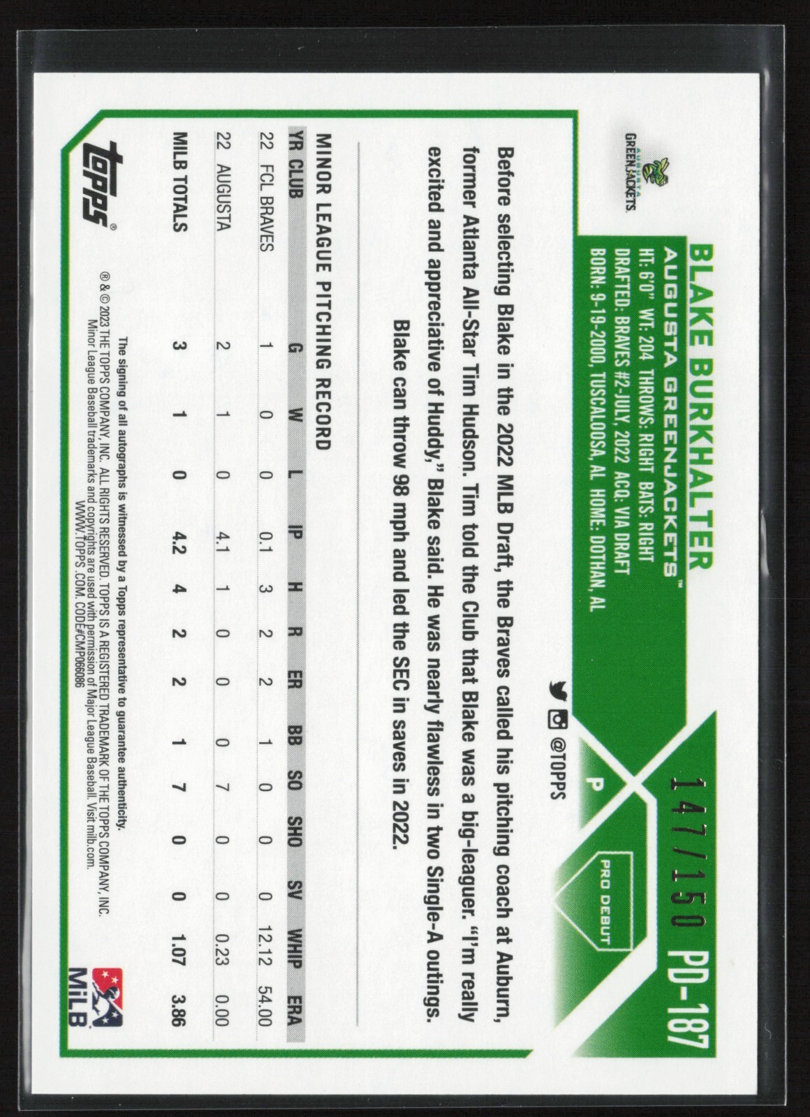 2023 TOPPS PRO DEBUT BLAKE BURKHALTER AUTO BLUE FOIL D 147/150 eBay