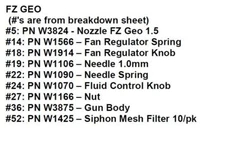 WALCOM FZ GEO PAINT GUN SPARE PARTS, NEW UNUSED, LIMITED QTYS AVAILABLE!!