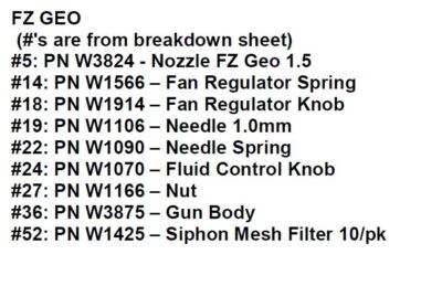 WALCOM FZ GEO PAINT GUN SPARE PARTS, NEW UNUSED, LIMITED QTYS AVAILABLE!!