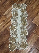 Christmas Beaded Table Runner White Gold Poinsettia 35x12 Max Studio