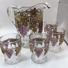 Vintage Mosser Glass Water Pitcher & 4 Tumblers Set 52oz Gold Leaf Grapes Mint