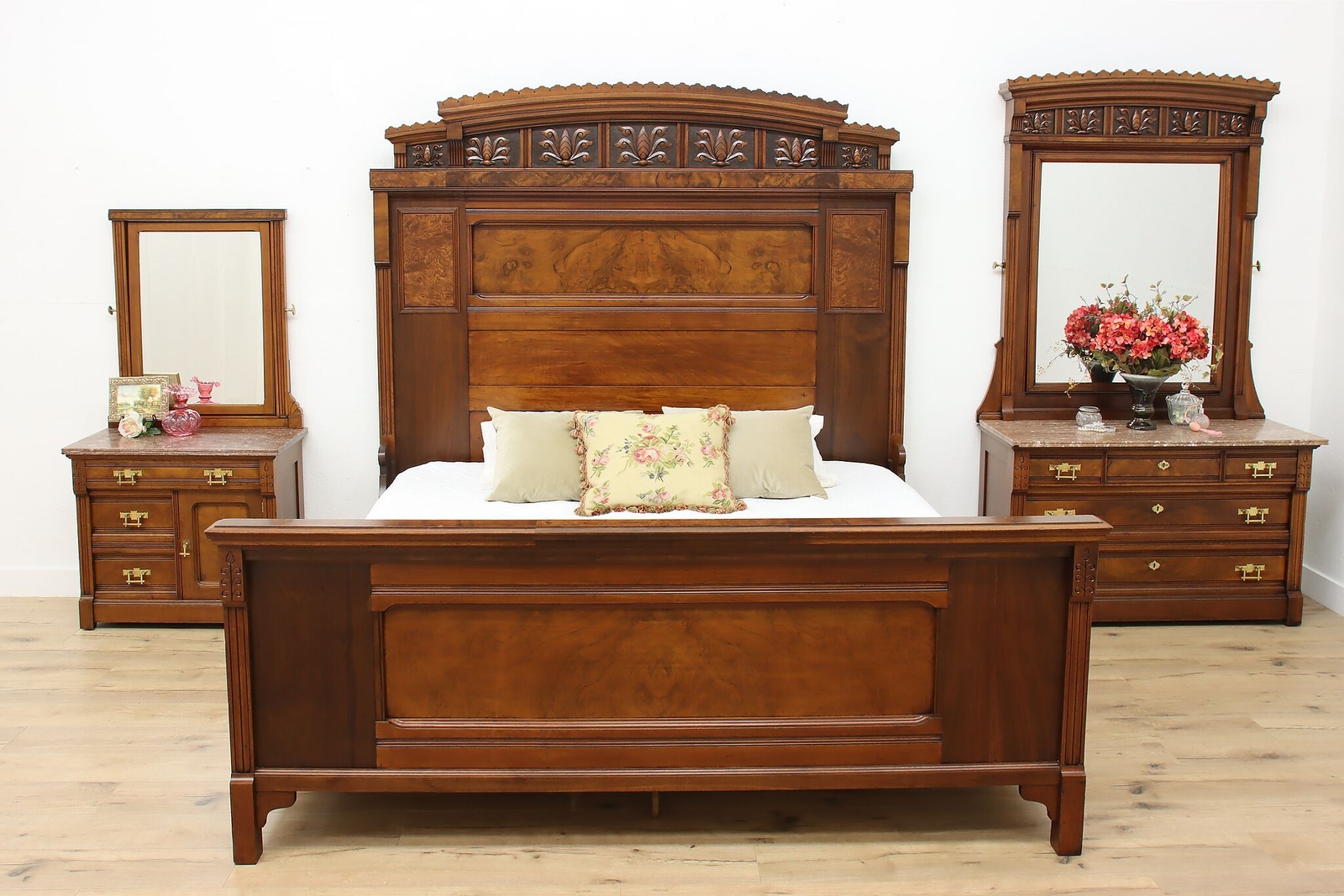 Victorian Eastlake Antique King Size 3 Pc Bedroom Set Marble #52077