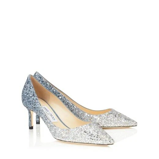 NIB Jimmy Choo Romy 60 Glitter Dégradé Fabric, Silver/Dusk Blue
