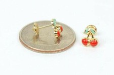 Solid 14k Yellow Gold Red and Green Enamel Cherry Screw Back Earrings