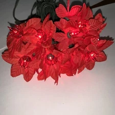 Vtg 20 Red Cup Reflectors With Red Mini Bulb & Cloth Poinsettia Leaves