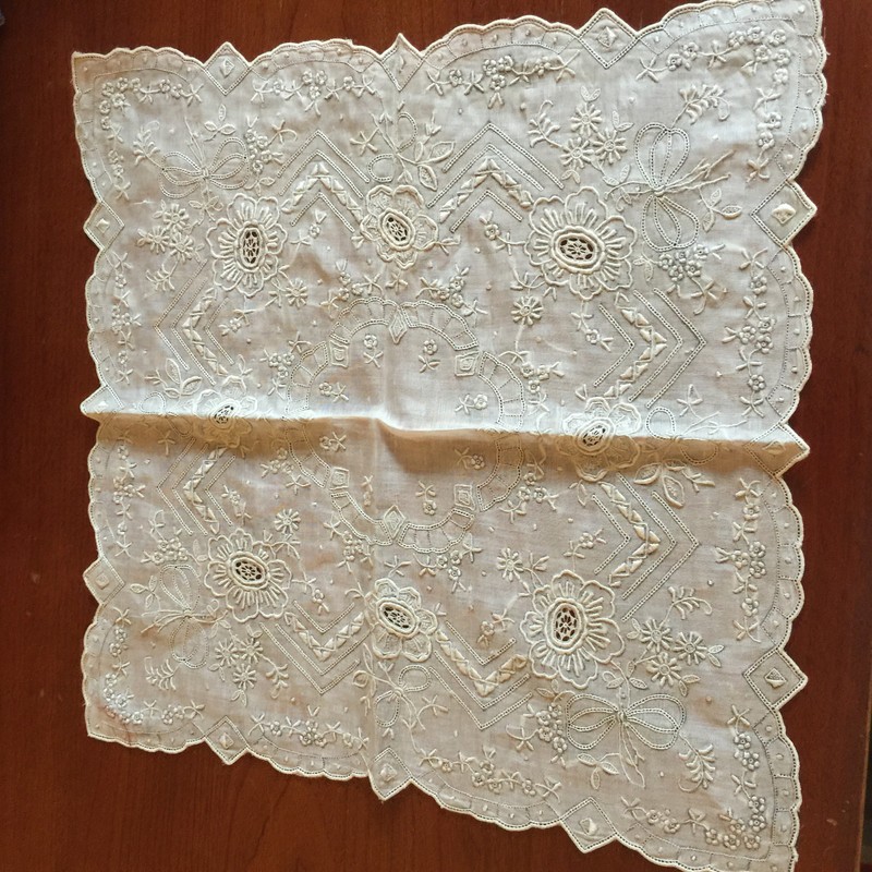 Antique Heavily Embroidered Light Ecru Bridal Wedding Handkerchief Hanky